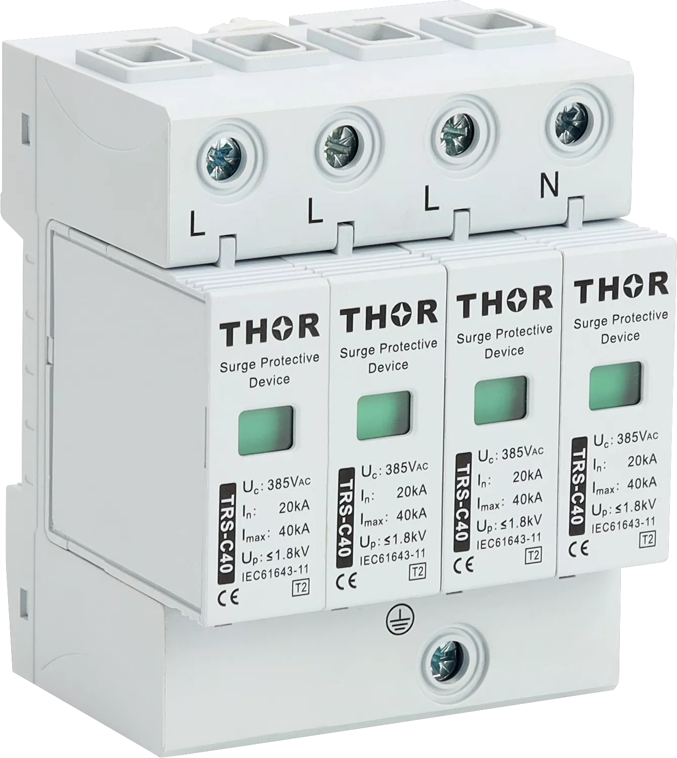 Thor TRS-C40 Type 2 SPD — 40kA Imax (8/20µs), Up ≤1.5kV, visual fault indicator and optional remote signaling.