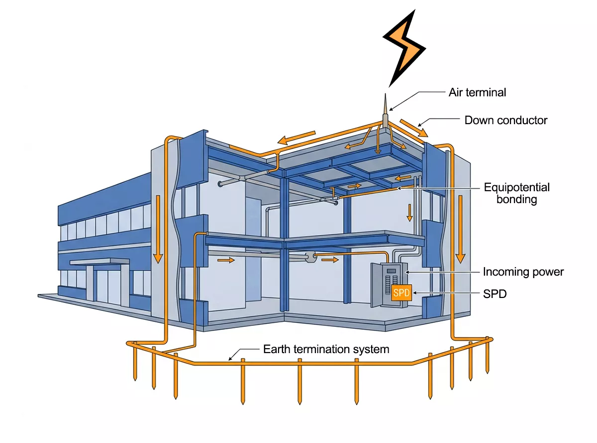 How does a lightning conductor work from air terminal to earth termination diagram