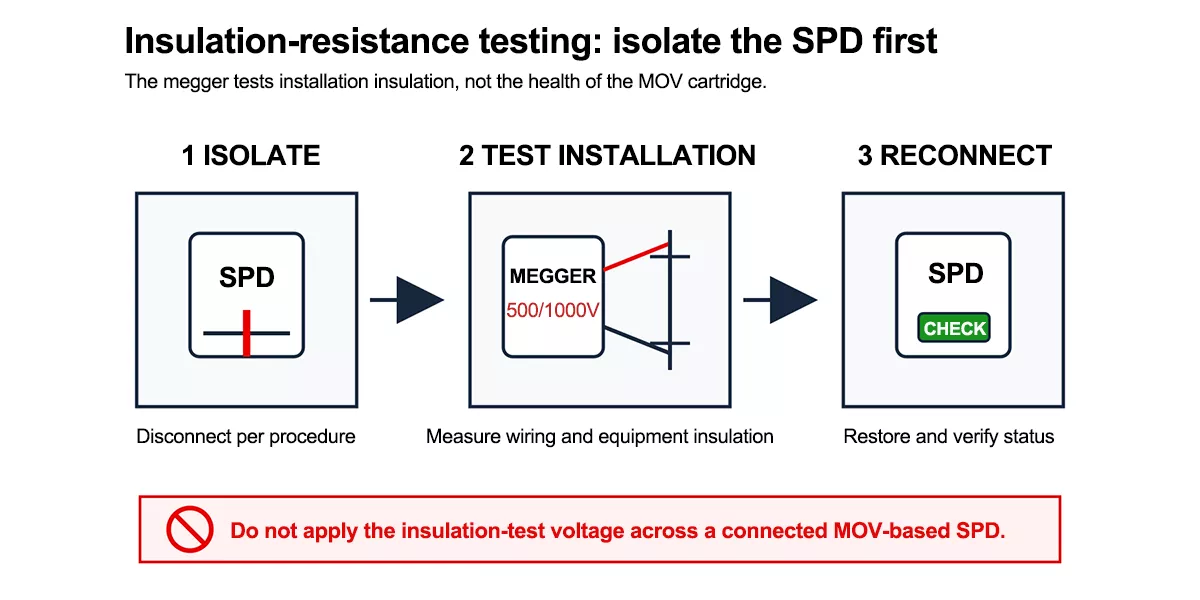 Insulation resistance test sequence with surge protection device isolated