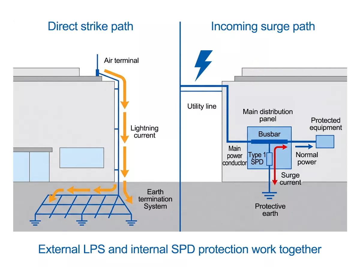 Lightning conductor vs SPD direct strike and incoming power surge paths