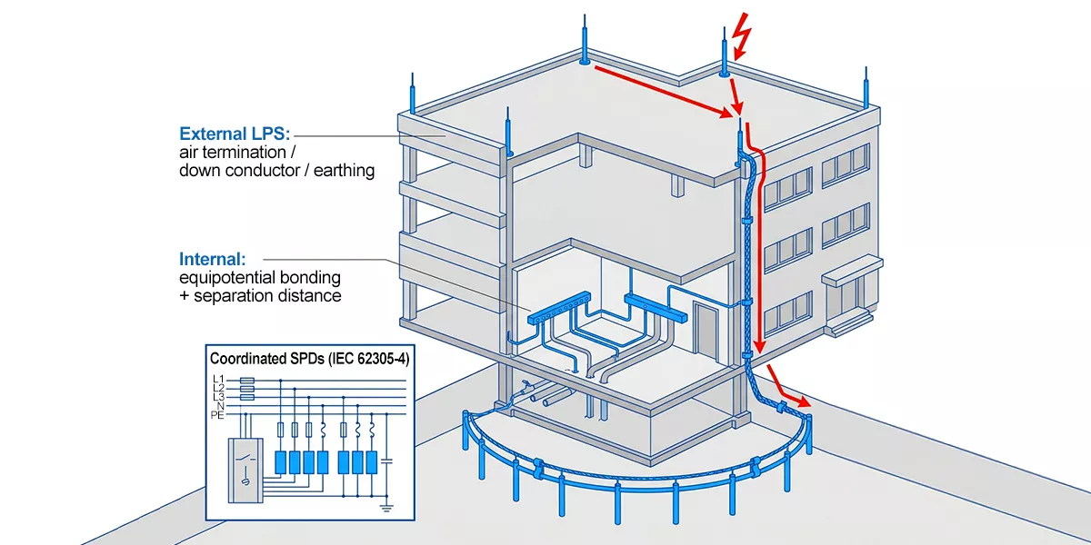 Lightning protection system diagram showing external LPS current path and internal bonding and SPDs