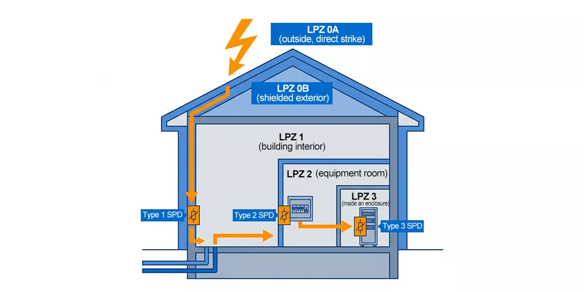 Lightning protection zone LPZ diagram showing zone boundaries and SPD type placement per IEC 62305