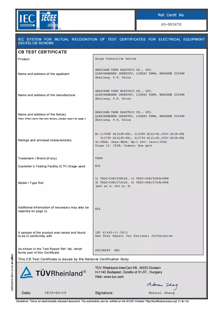 IECEE CB Test Certificate for Thor TRS2-C40 surge protective device variants