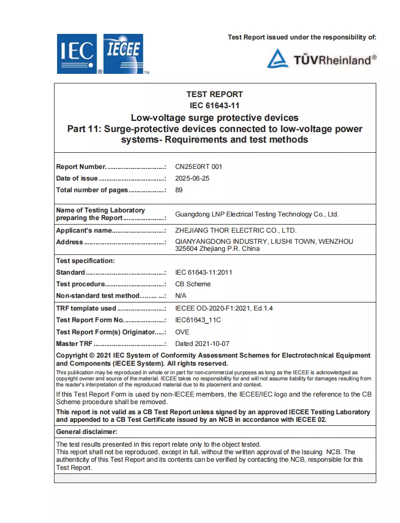 Cover page of the IEC 61643-11 CB Test Report associated with certificate HU-005670
