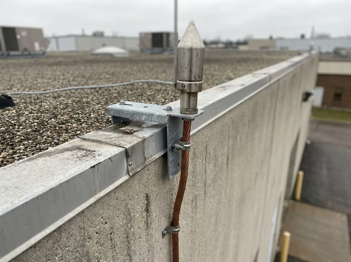Lightning conductor installation with rooftop air terminal and down conductor