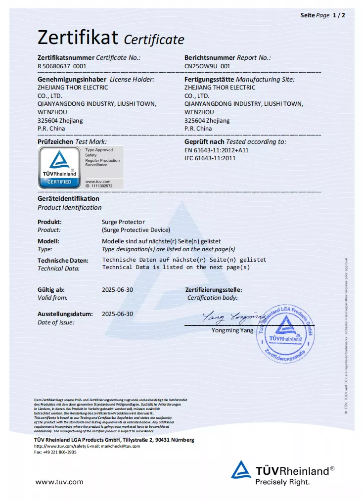 TÜV Rheinland certificate page showing Thor Electric as holder and IEC and EN 61643-11 references