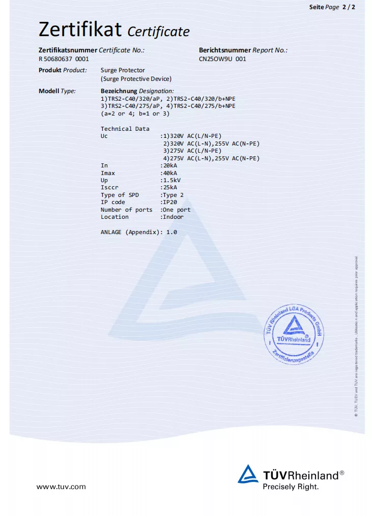 TÜV Rheinland certificate scope page listing TRS2-C40 320 V and 275 V Type 2 SPD variants