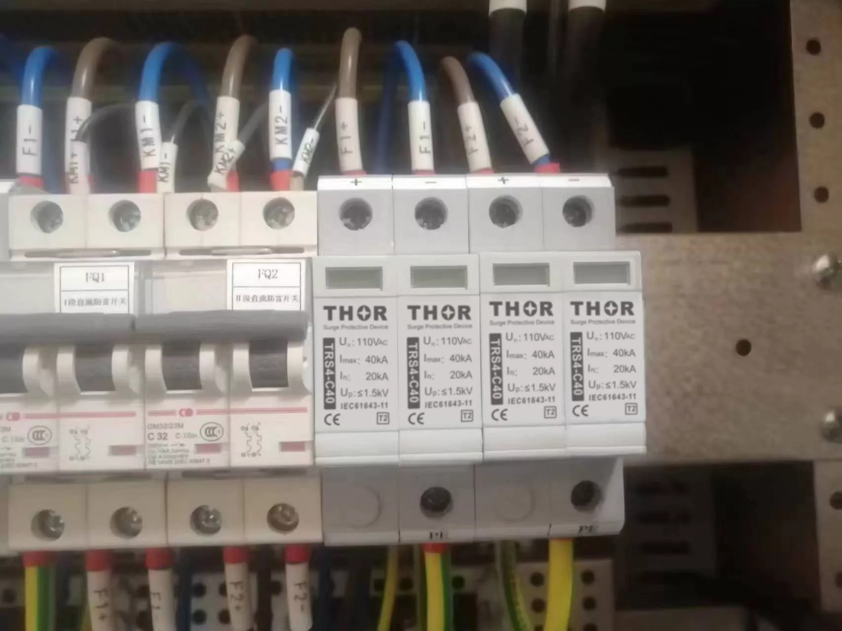 Thor Type 2 SPD modules on DIN rail with labels citing IEC 61643-11