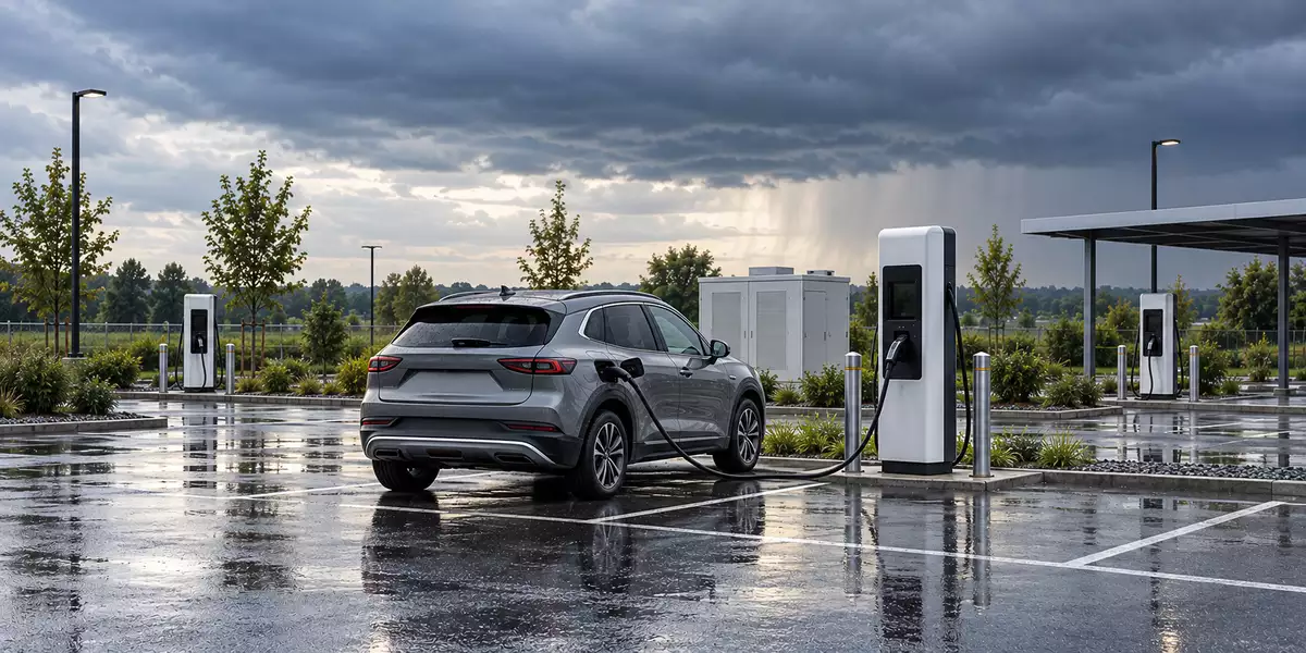 EV charger surge protection at an outdoor charging site with a connected vehicle and distribution cabinet