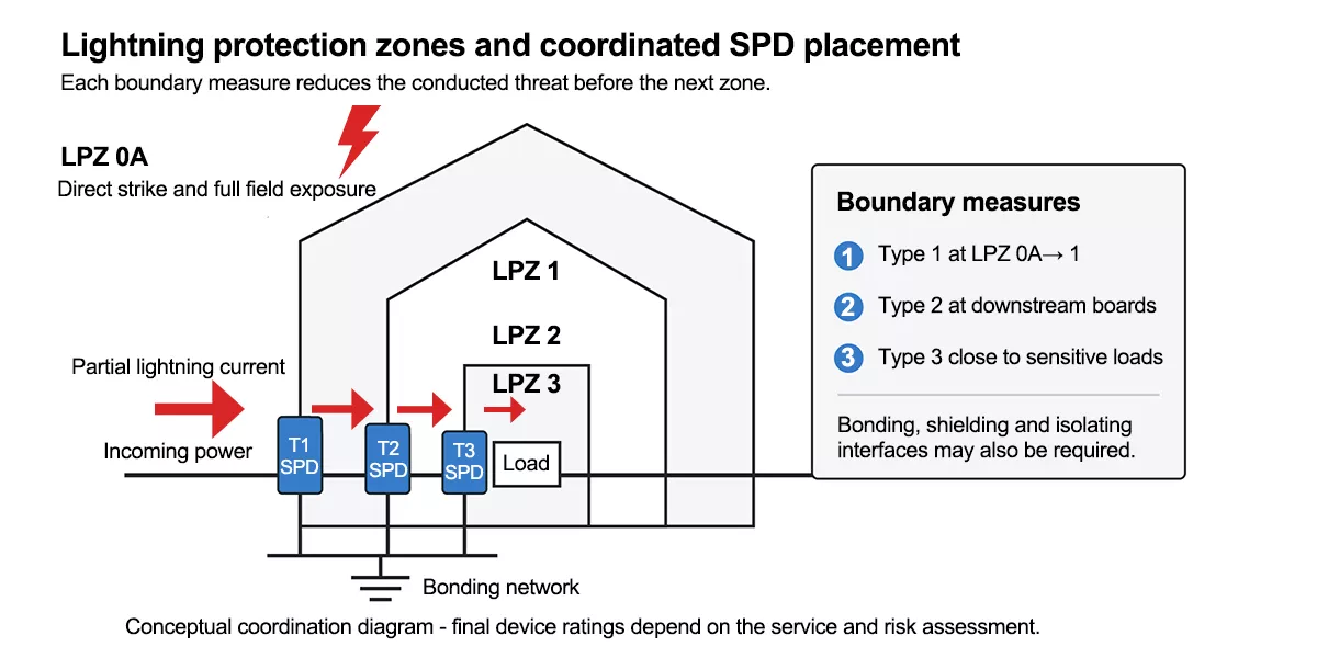 LPZ boundaries and SPD placement in lightning protection system design