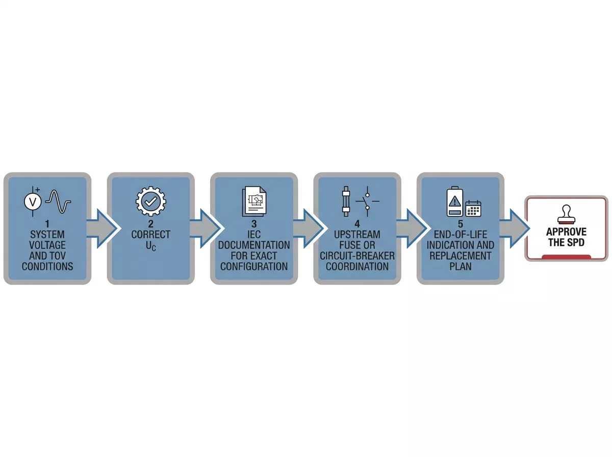 SPD thermal stability review checklist for Uc, IEC documentation, coordination and replacement