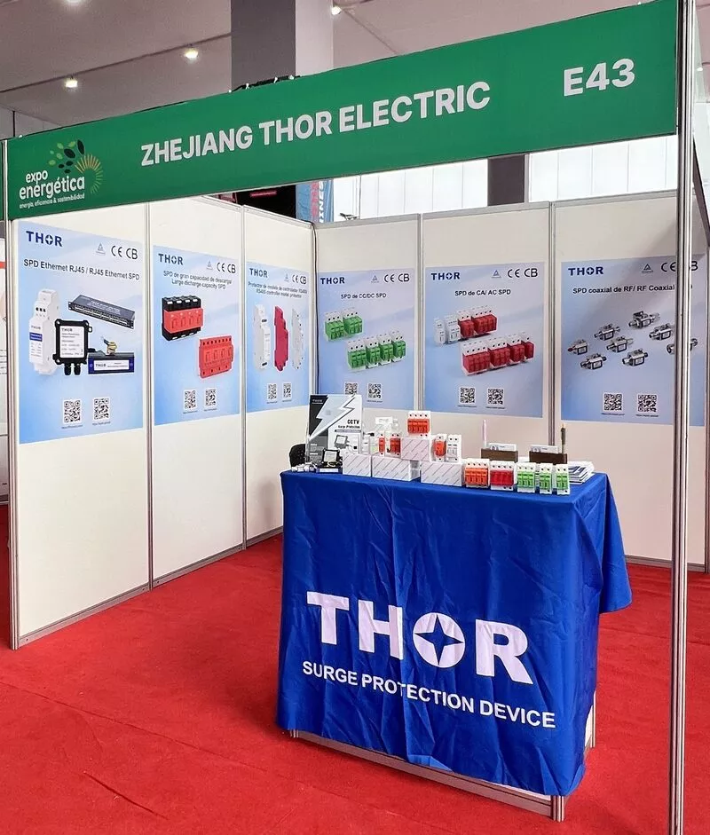 Thor Electric booth E43 at Expo Peru Industrial 2026 in Lima showing surge protection device display
