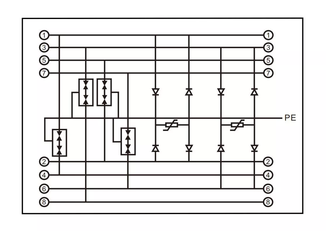 Published TRSS-RJ45/4 signal SPD circuit diagram with gap, bridge and diode symbols