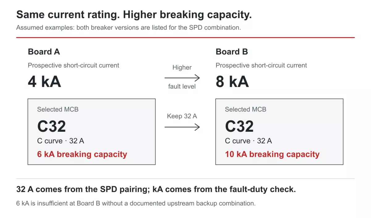 What size MCB for SPD protection: C32 with 6 kA or 10 kA breaking capacity at different fault levels