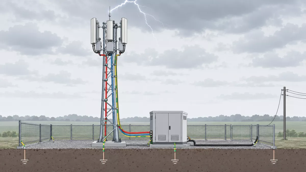 Illustrative ground-mounted cell tower with remote radio units and an equipment cabinet at its base